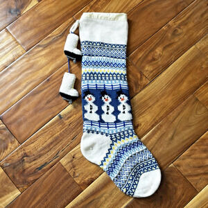 Fair Isle Blue Knit Christmas Stocking Snowman Ice Skate Tassels Crochet Yarn